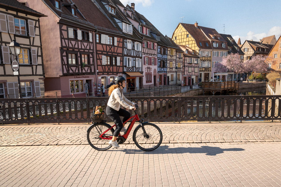 Carver Fahrrad, Tour E.420, Stadt, Sonne, rotes Bike, Frau, Route E, Tour E